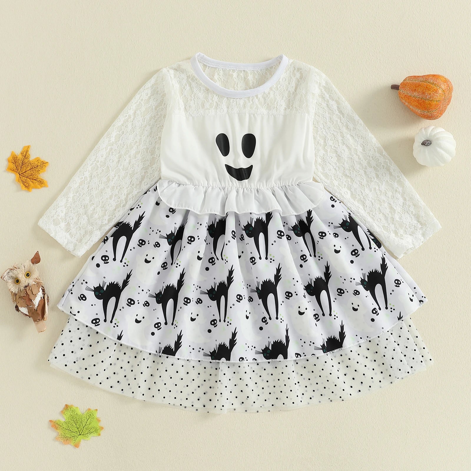 Girls Halloween Costume Dress Crew Neck Long Sleeve Ghost Dots Print Patchwork Fall Dress for Kids Casual Wear