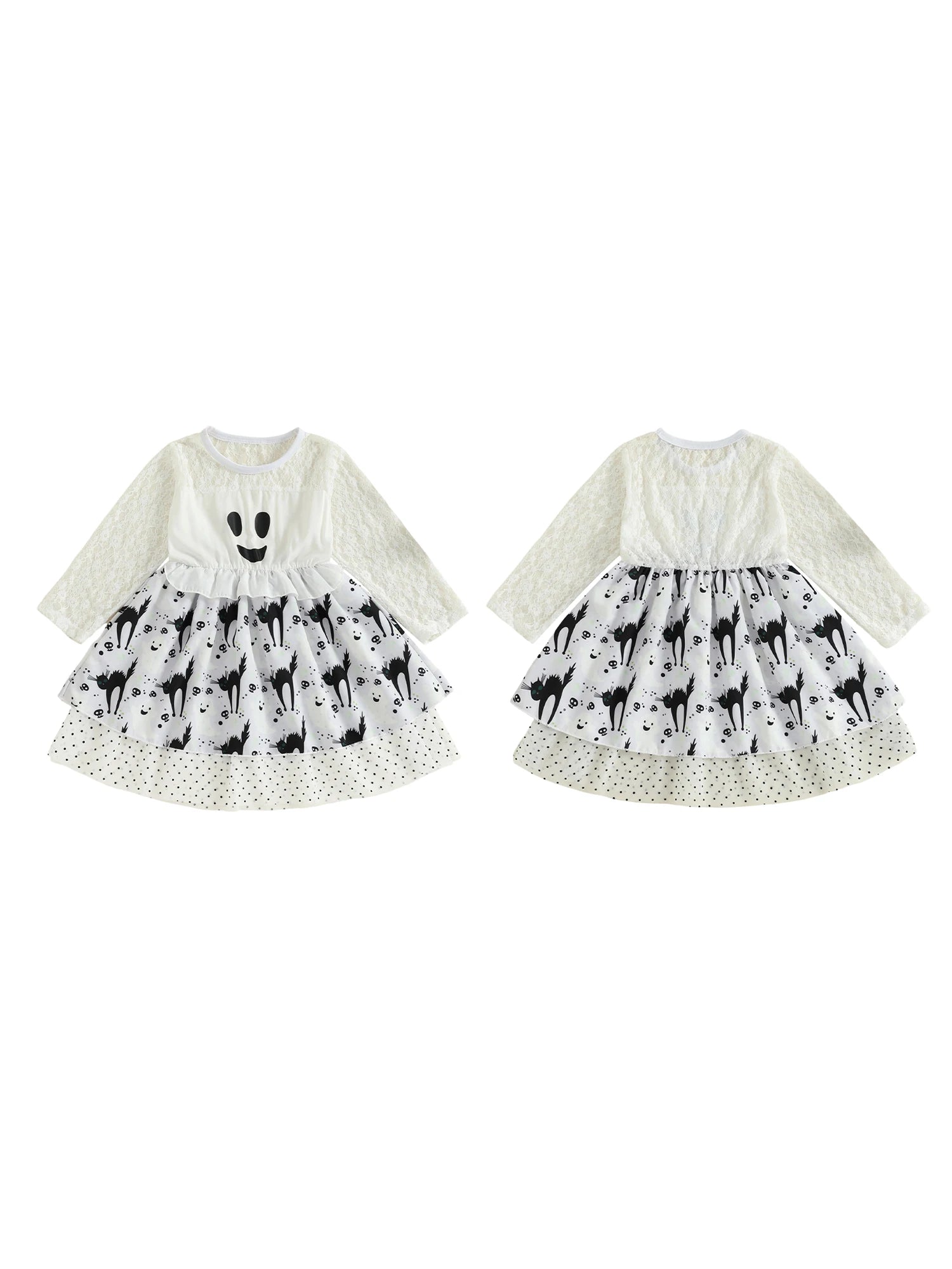 Girls Halloween Costume Dress Crew Neck Long Sleeve Ghost Dots Print Patchwork Fall Dress for Kids Casual Wear